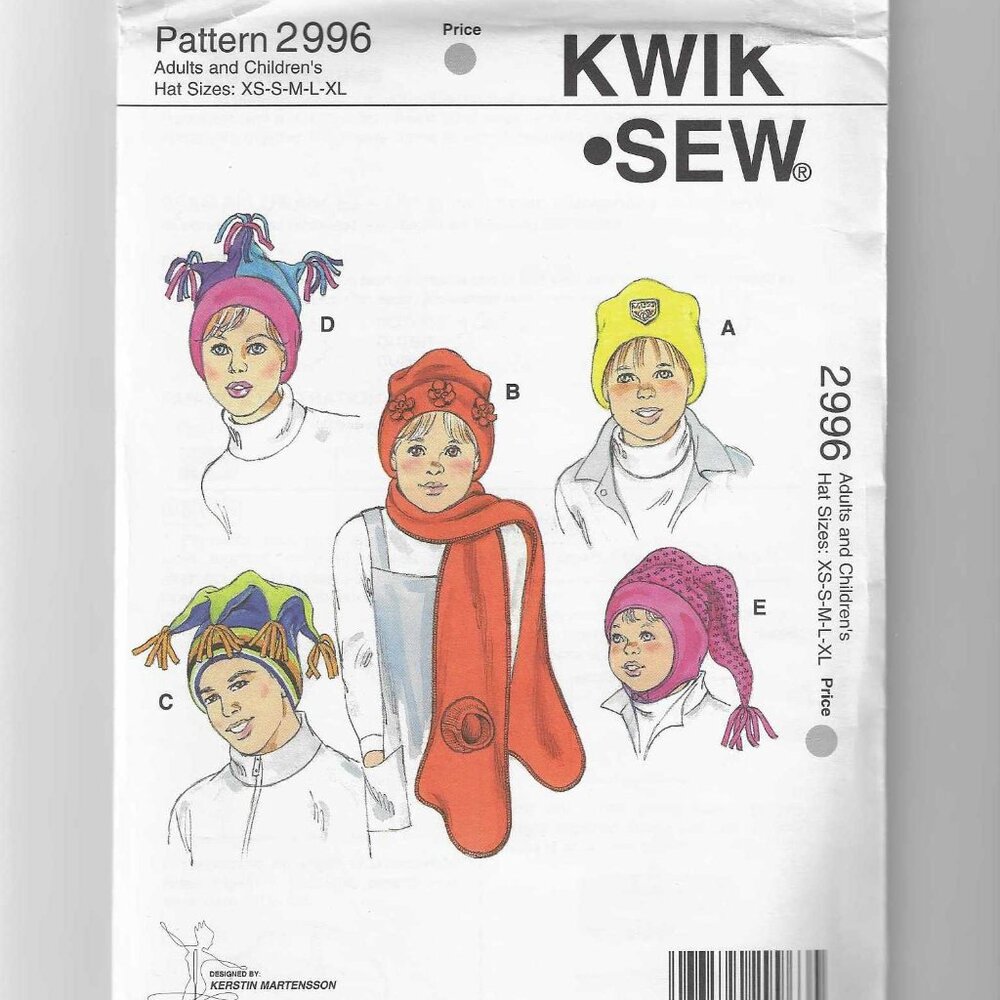 Kwik Sew Pattern 2996 Hats & Mitten Scarf for Adults/Children